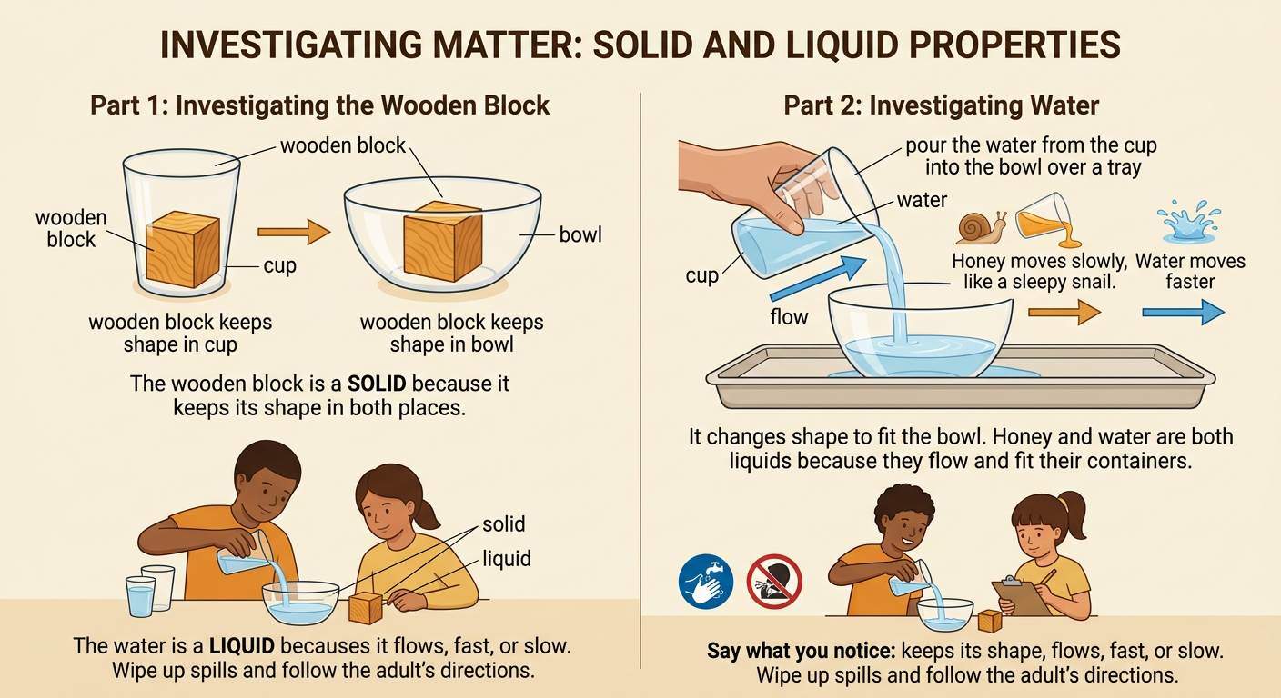 A wooden block keeps its shape while water is poured from a cup into a bowl over a tray.