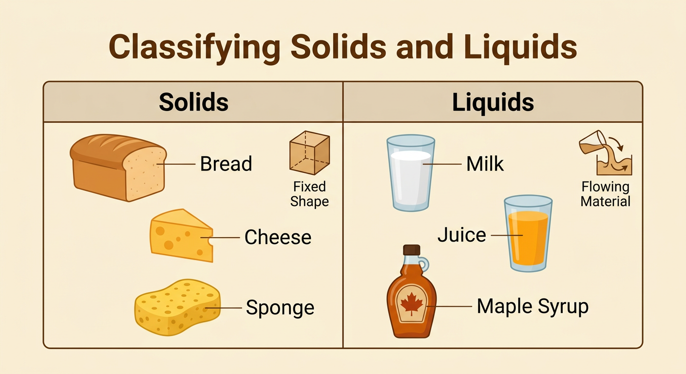 Bread and a sponge are sorted under solids while maple syrup is sorted under liquids.