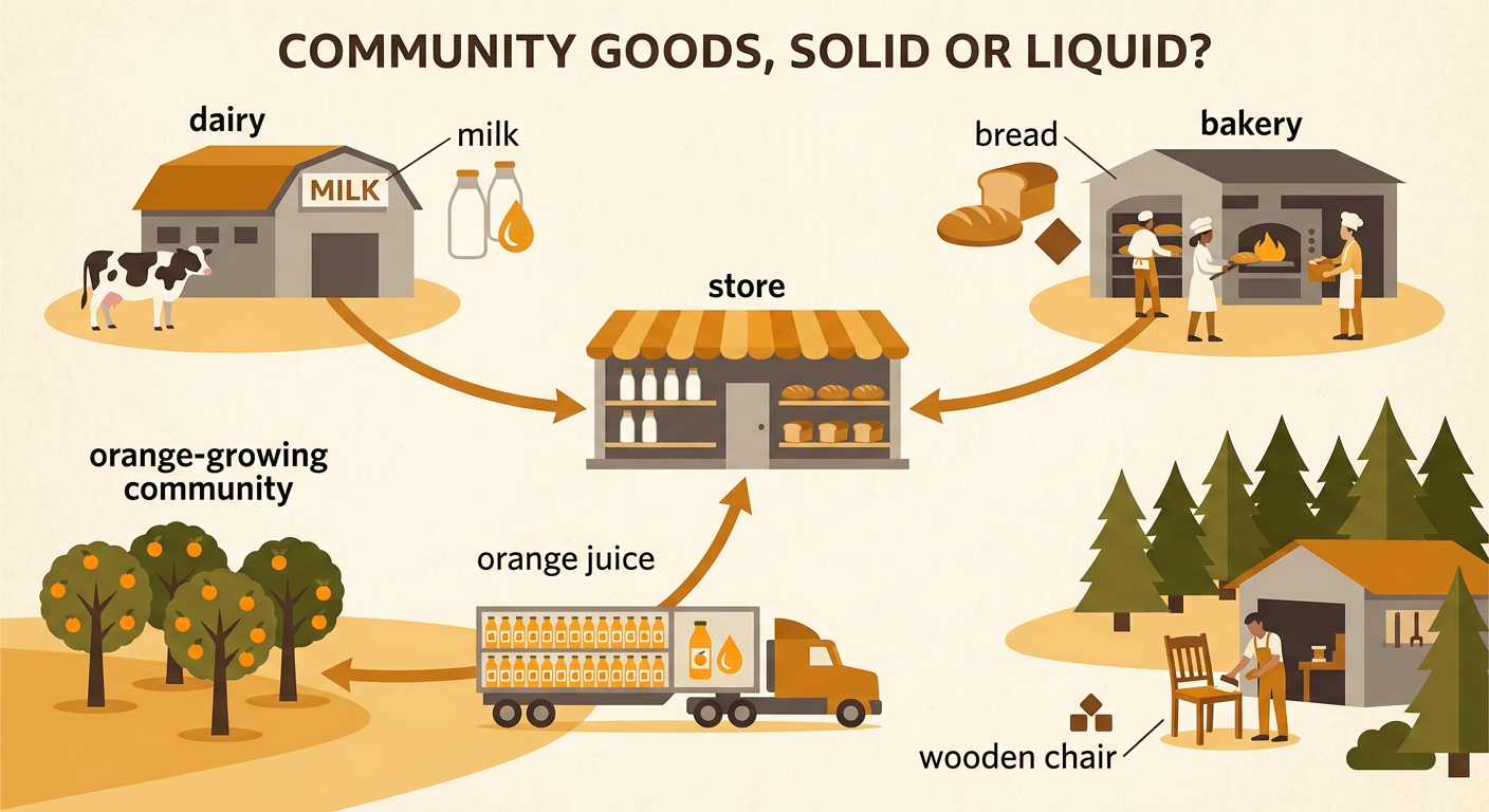 A community scene connects a dairy with milk, a bakery with bread, an orange farm with juice, and a forest workshop with a wooden chair.