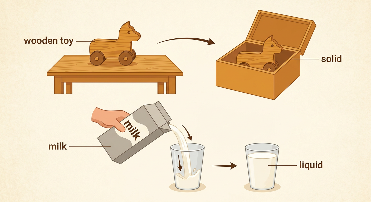 A wooden toy keeps its shape beside milk shown in a carton, cup, and bowl.