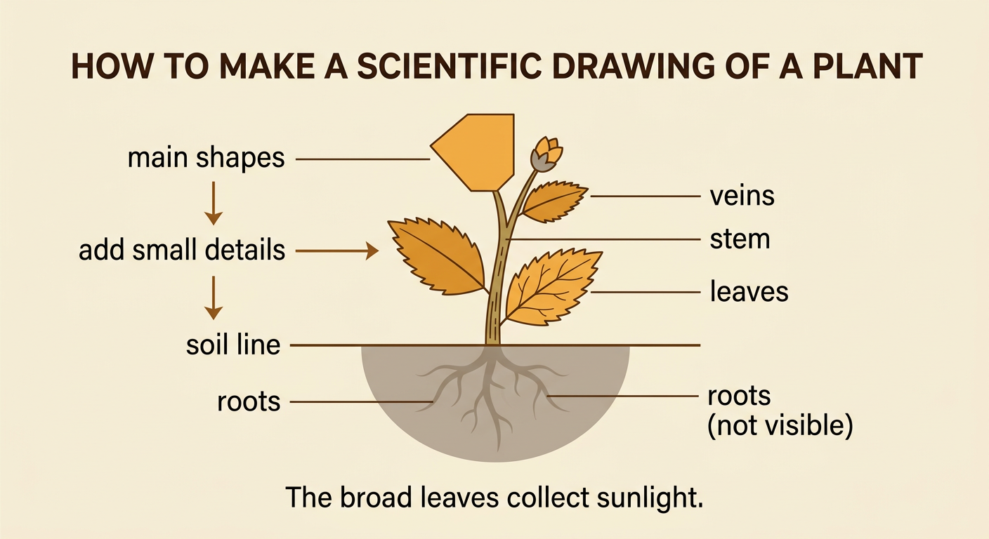 A neat scientific drawing of a potted plant shows true details, a soil line, straight labels, and hidden roots marked correctly.