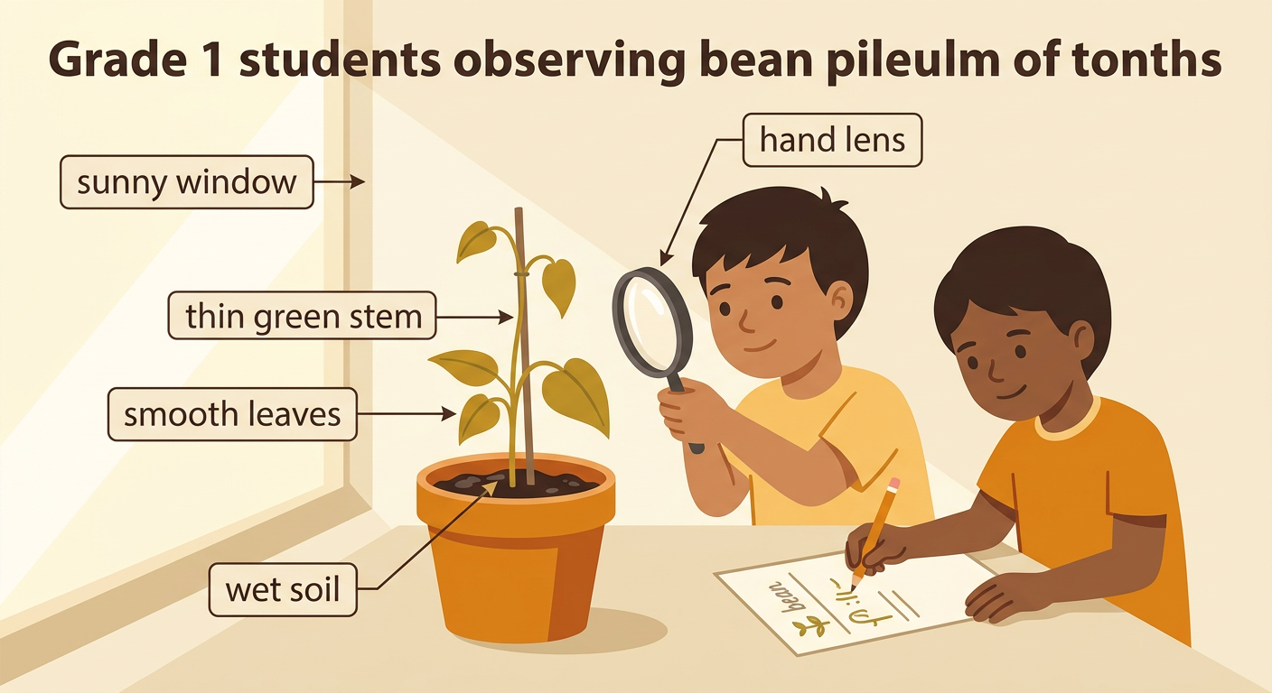 Two children gently observe a potted bean plant bending toward a sunny classroom window and record their findings.