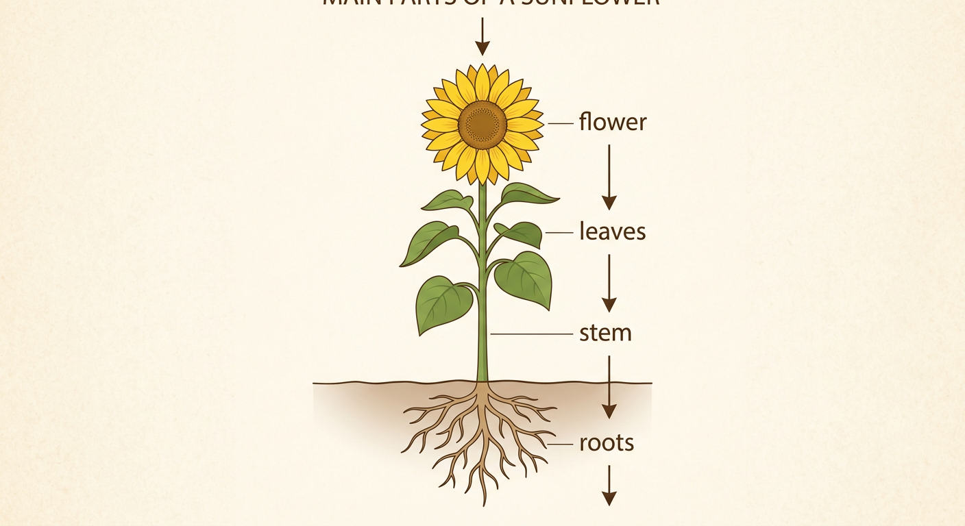 A full sunflower is shown from its underground roots to its large yellow flower.