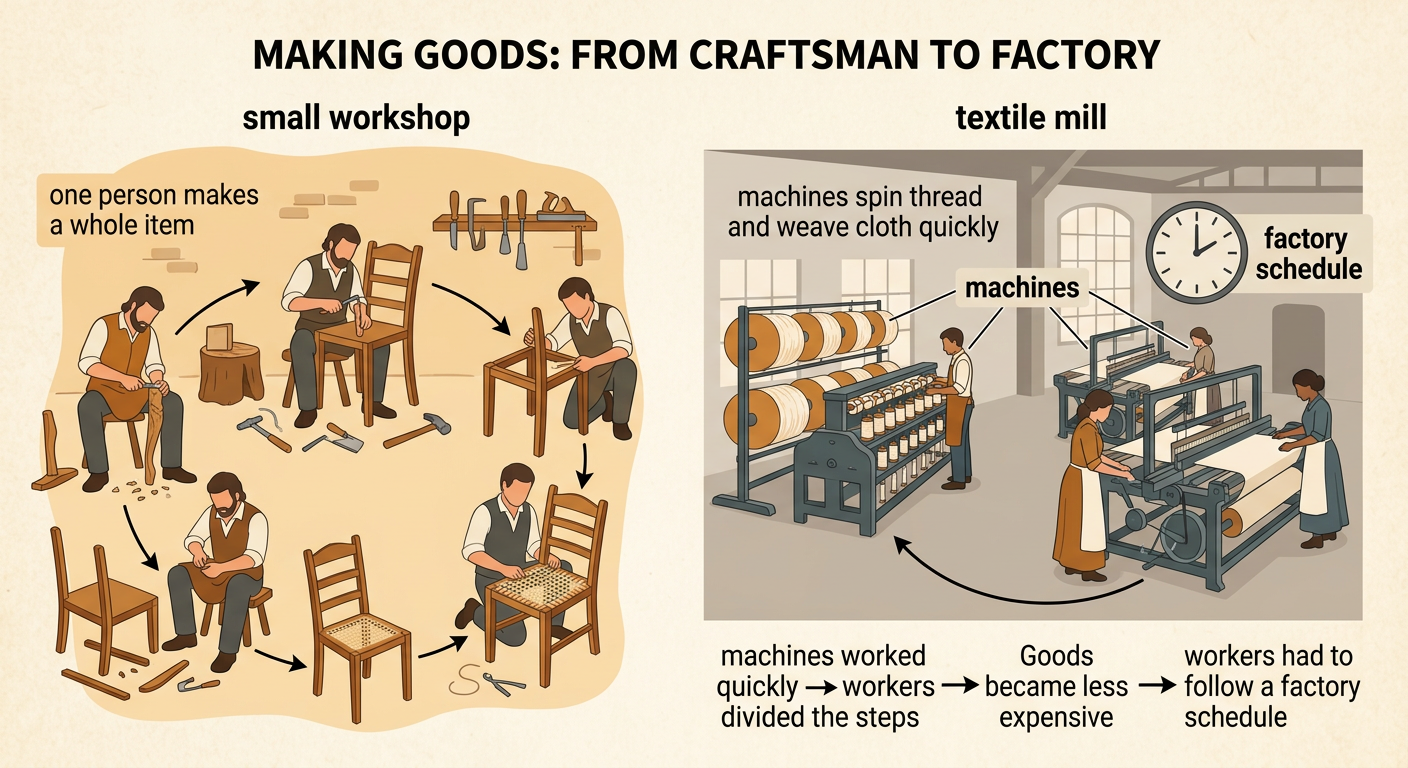 A craftsperson makes one item in a small workshop beside a busy textile mill where workers operate cloth-making machines.