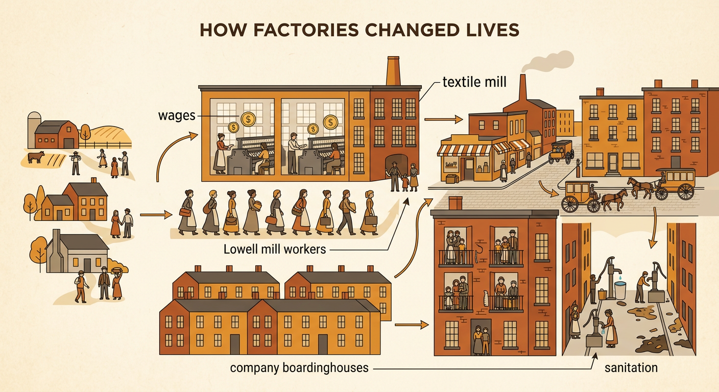 Lowell mill workers walk through a crowded mill city containing a textile mill, company boardinghouses, and small apartments.