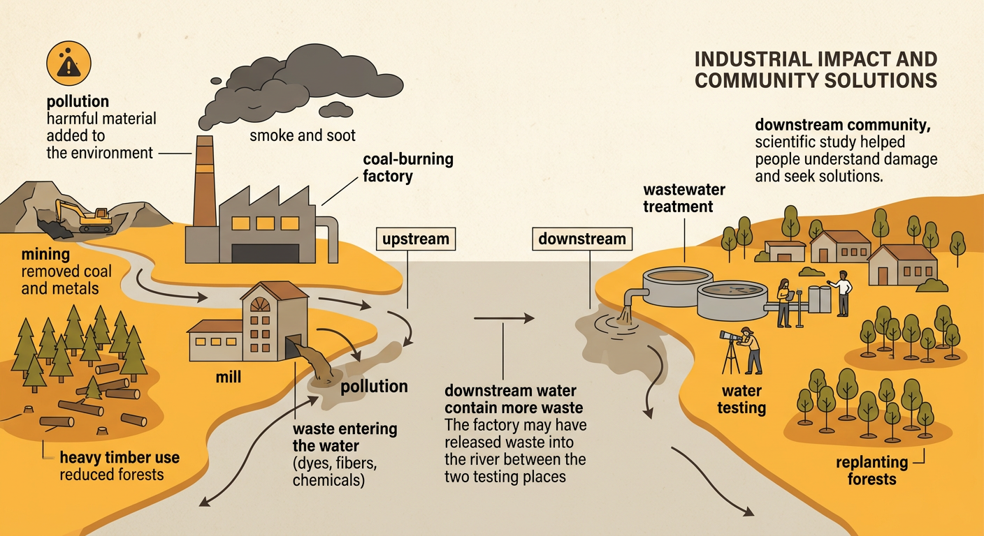 A coal-burning factory releases smoke and river waste as observers compare clear upstream water with polluted downstream water near a cut forest.