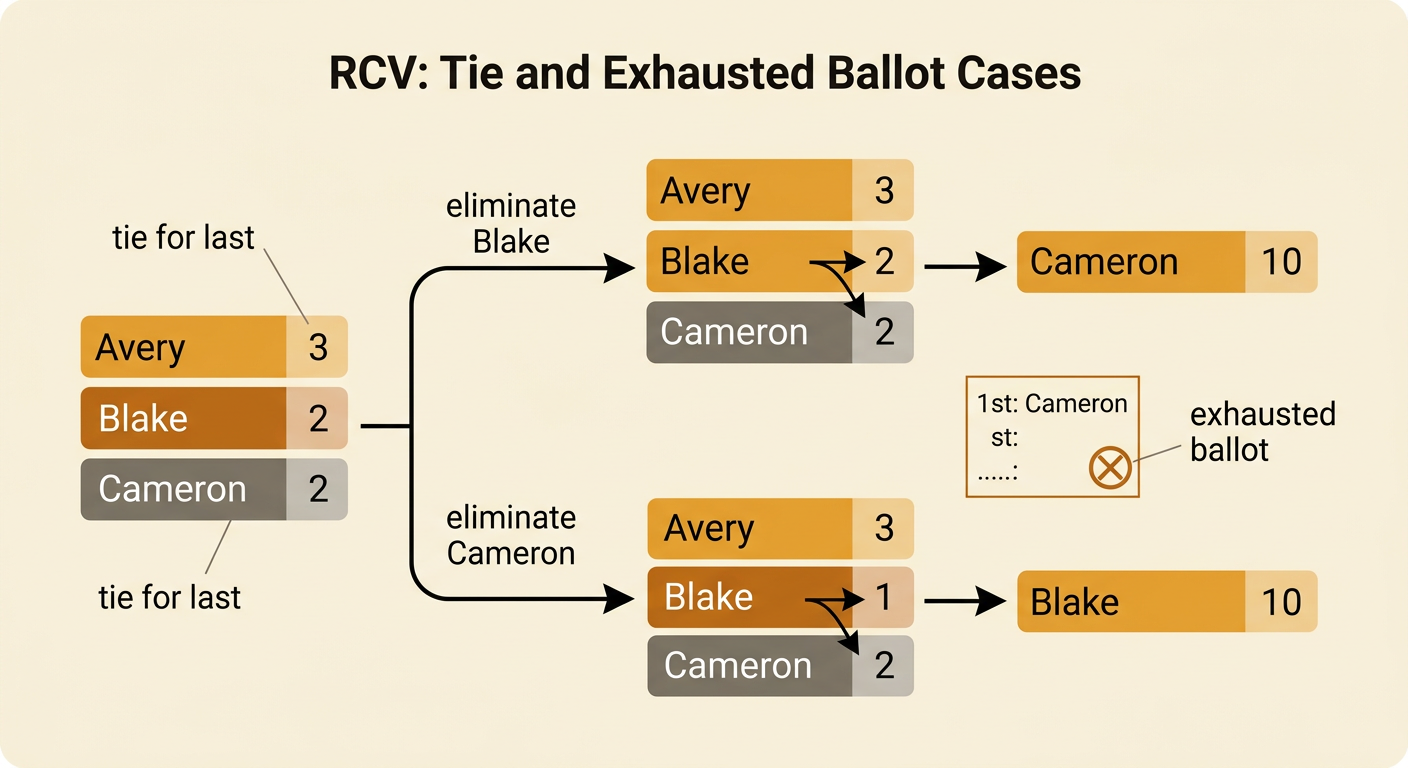 A branching election diagram shows a last-place tie and a separate ballot becoming exhausted as the active count falls.