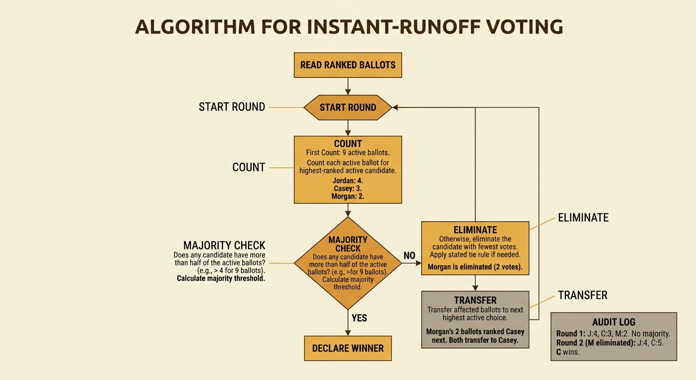 A flowchart cycles through counting, checking for a majority, eliminating the lowest candidate, transferring ballots, and recording the result.