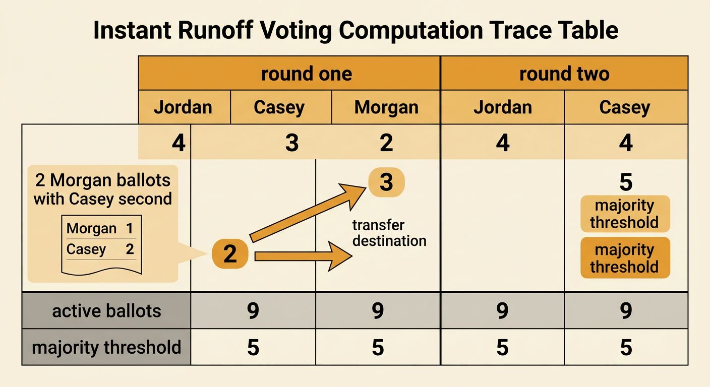 A two-row trace table follows nine ballots from Morgan's elimination to Casey's five-vote majority.