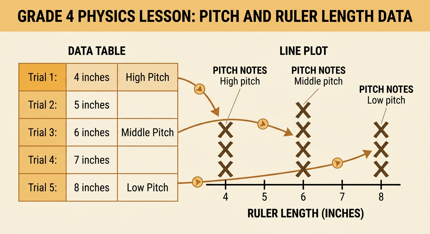 A data table and line plot show repeated ruler lengths with low, middle, and high pitch results.