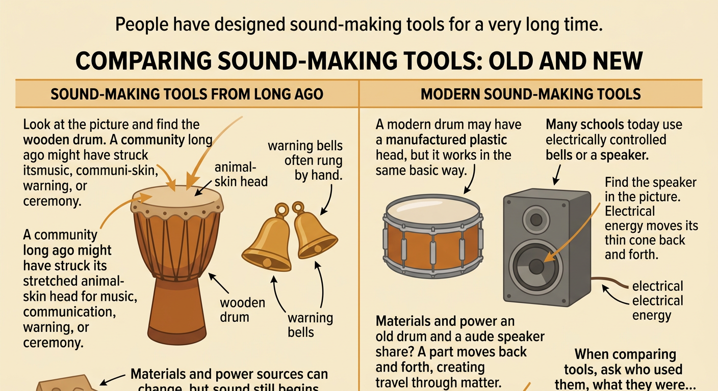 An old wooden drum and hand-rung bell are compared with a modern drum and electric speaker.