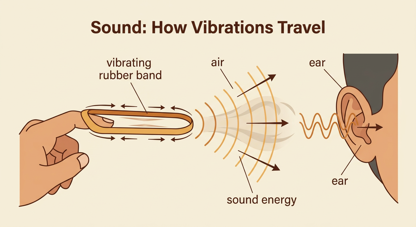 A plucked rubber band vibrates and sends sound energy through the air toward an ear.