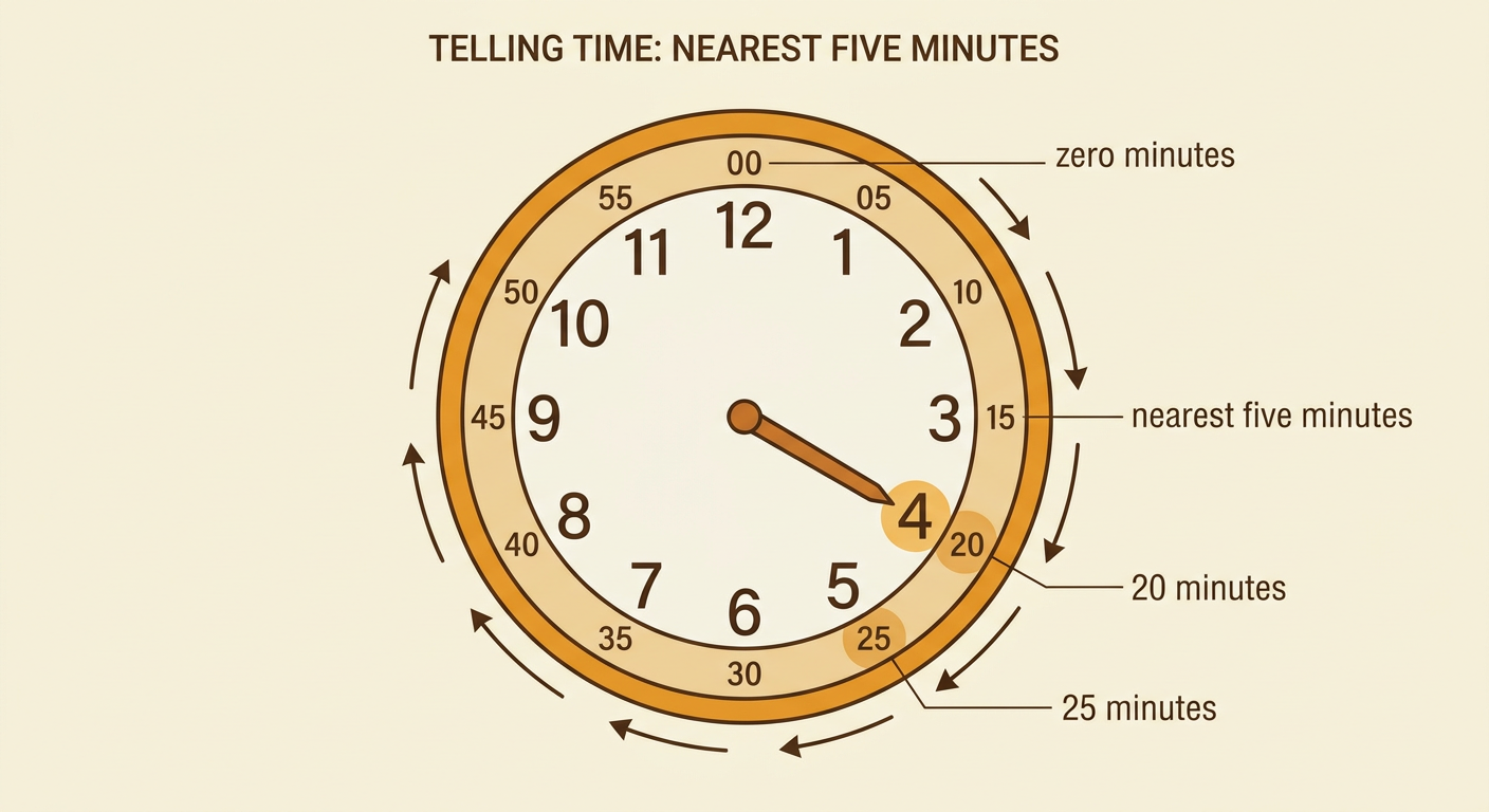 A clock shows a minute hand near 22 minutes, with the nearby five-minute points at 20 and 25 highlighted.