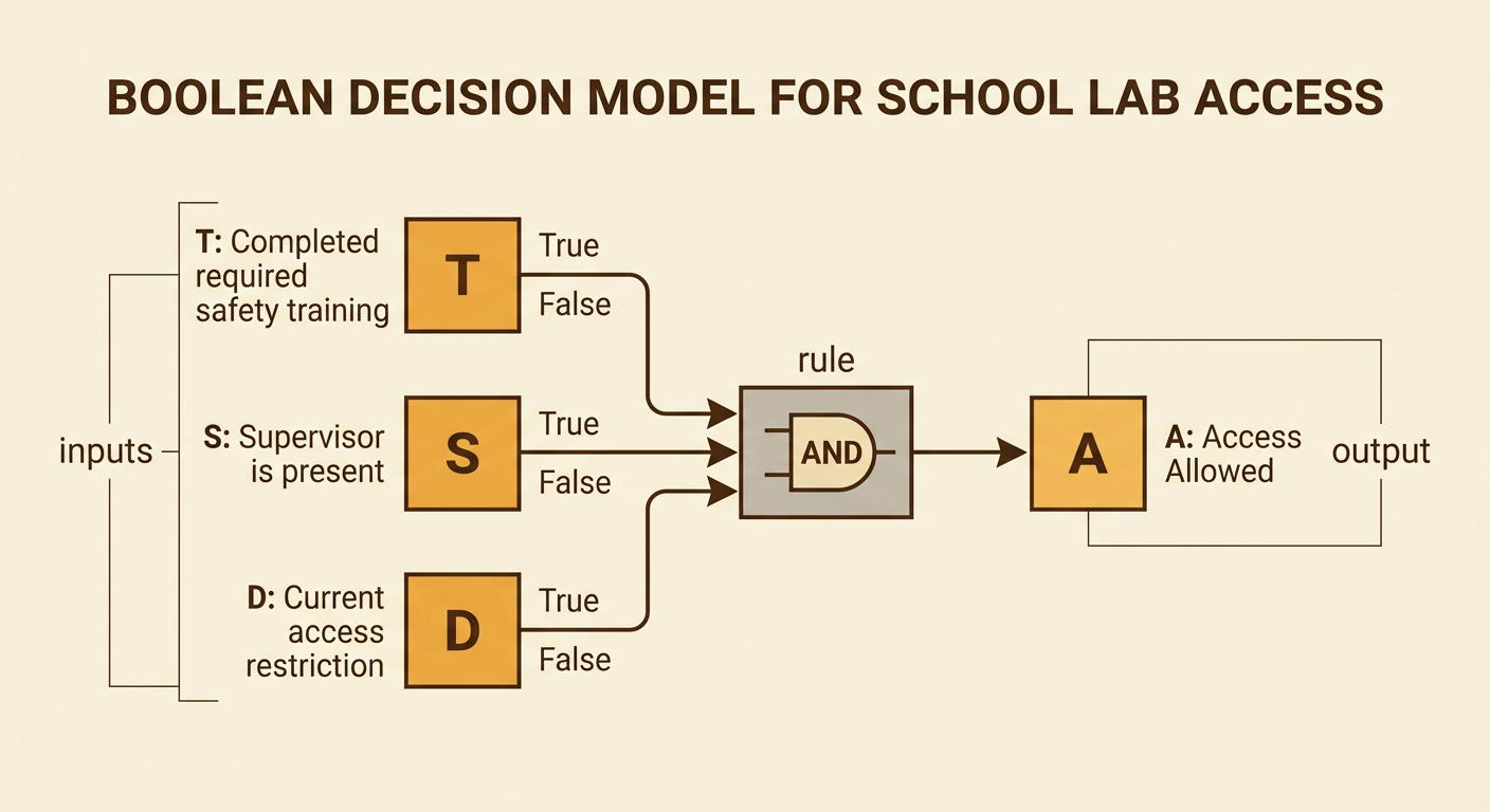 A decision box receives three true-or-false inputs labeled T, S, and D and produces output A.