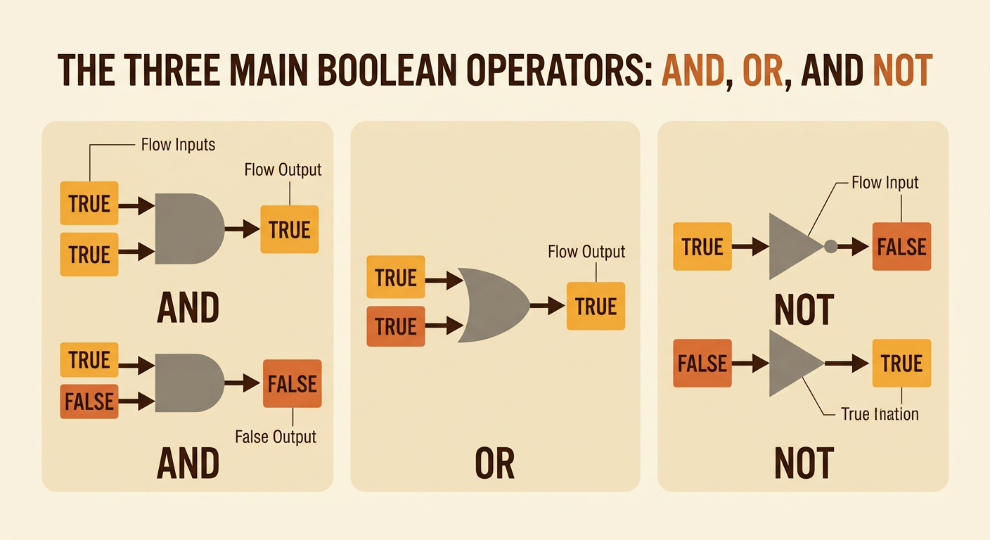 A Boolean operator diagram compares how AND, OR, and NOT process true-or-false conditions.