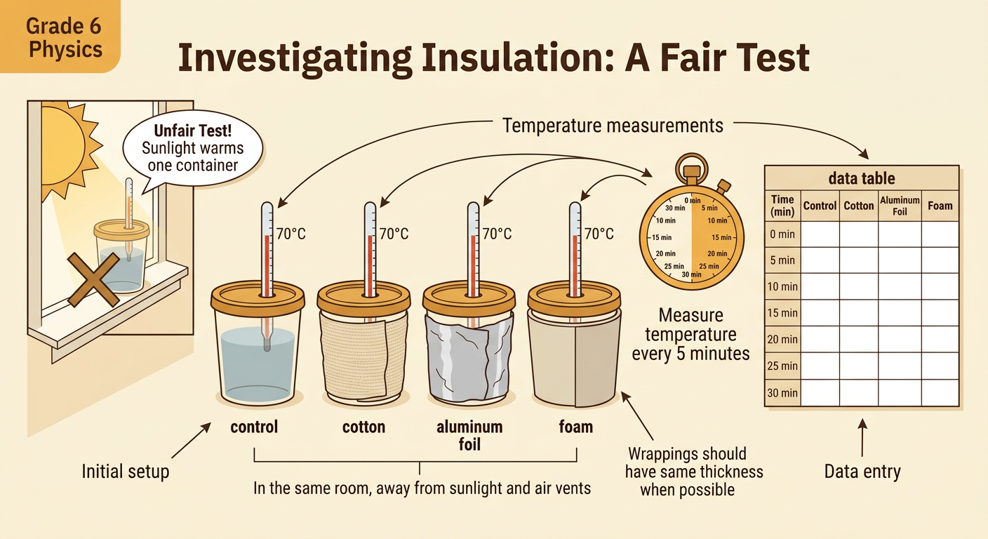 Four identical containers with different wrappings sit beside thermometers and a shared temperature data table.