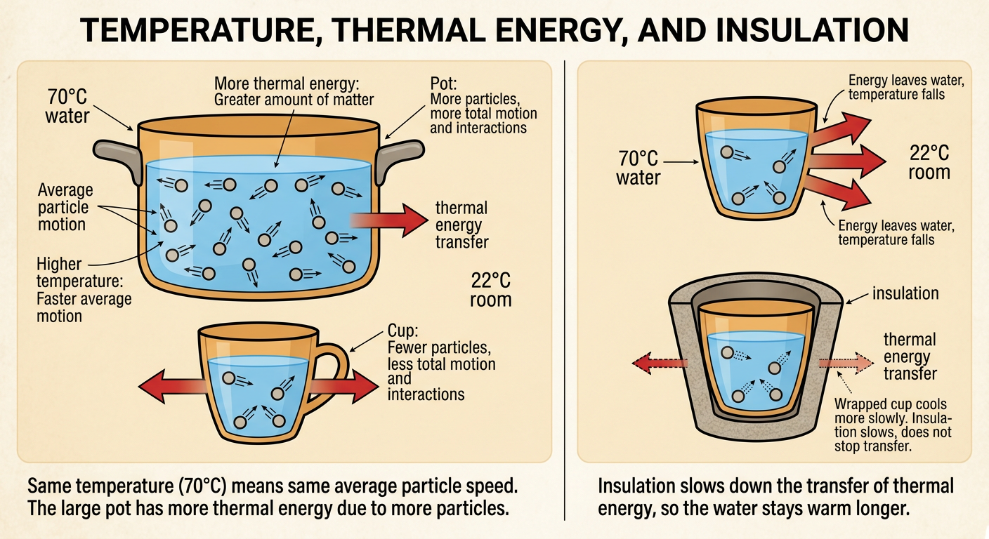 A warm cup in a cooler room has arrows showing thermal energy moving outward through insulation.