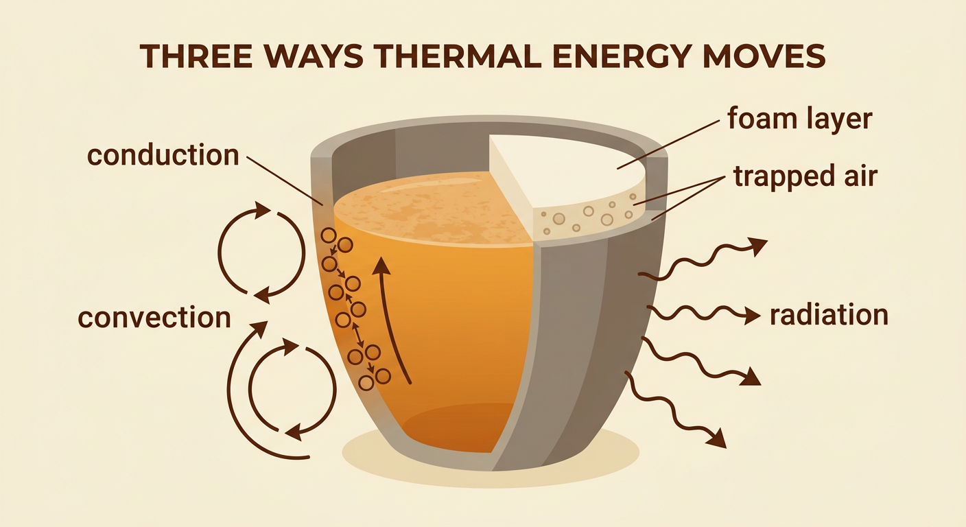 A foam-wrapped cup shows energy moving by direct contact, circulating air, infrared waves, and tiny air pockets.