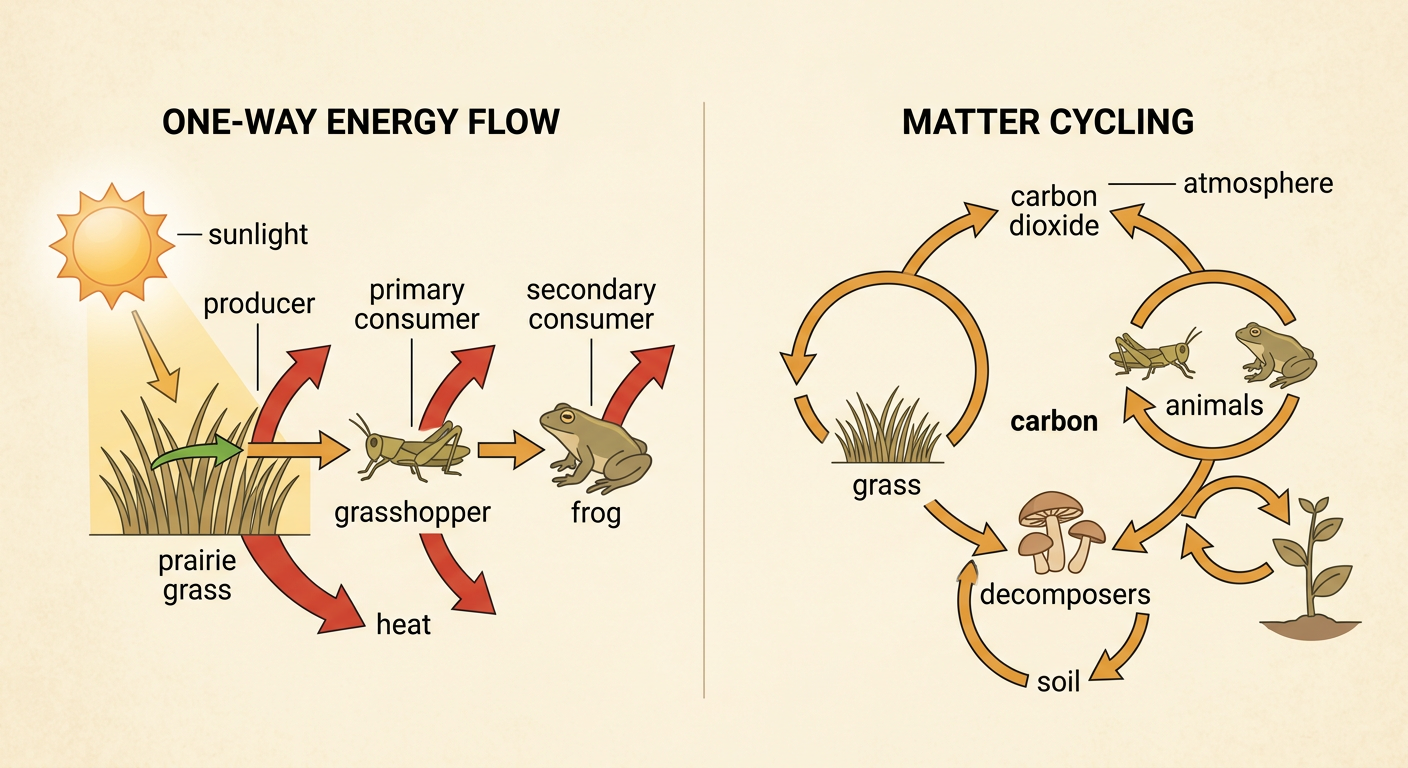 A prairie ecosystem diagram shows sunlight entering grass and energy passing to a grasshopper and frog while heat leaves and carbon cycles.