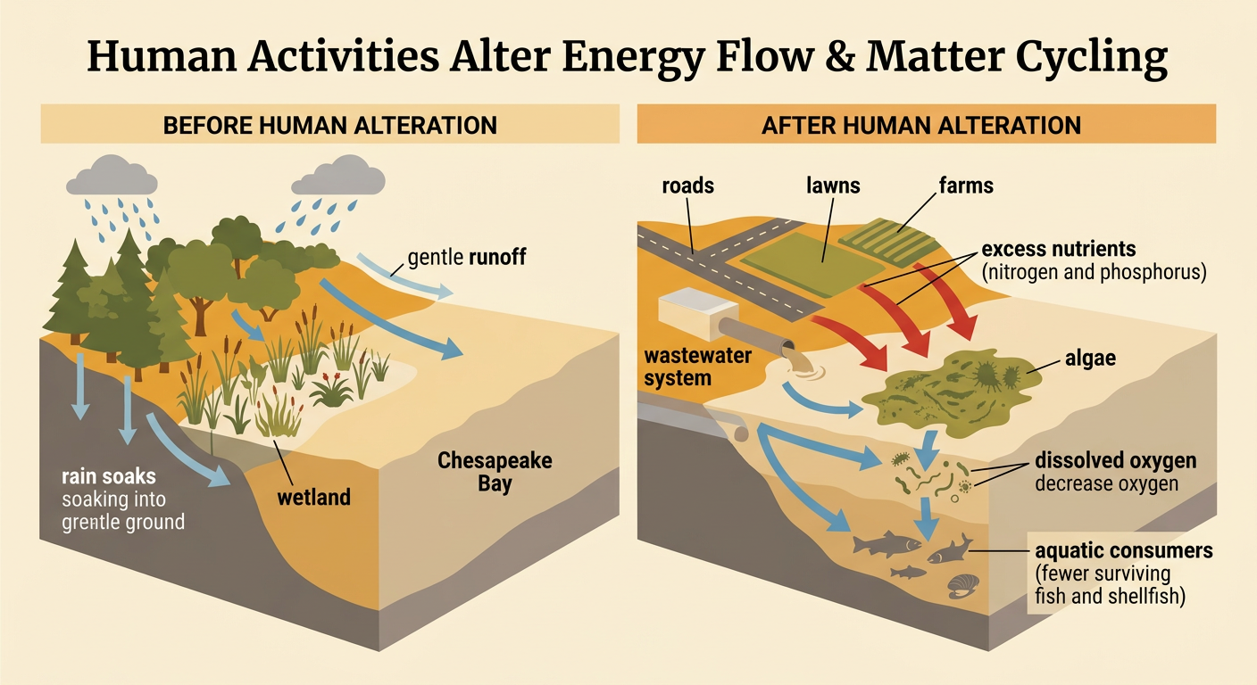 A before-and-after Chesapeake Bay model shows runoff causing excess algae, lower oxygen, and fewer aquatic consumers, with a wetland filtering runoff.
