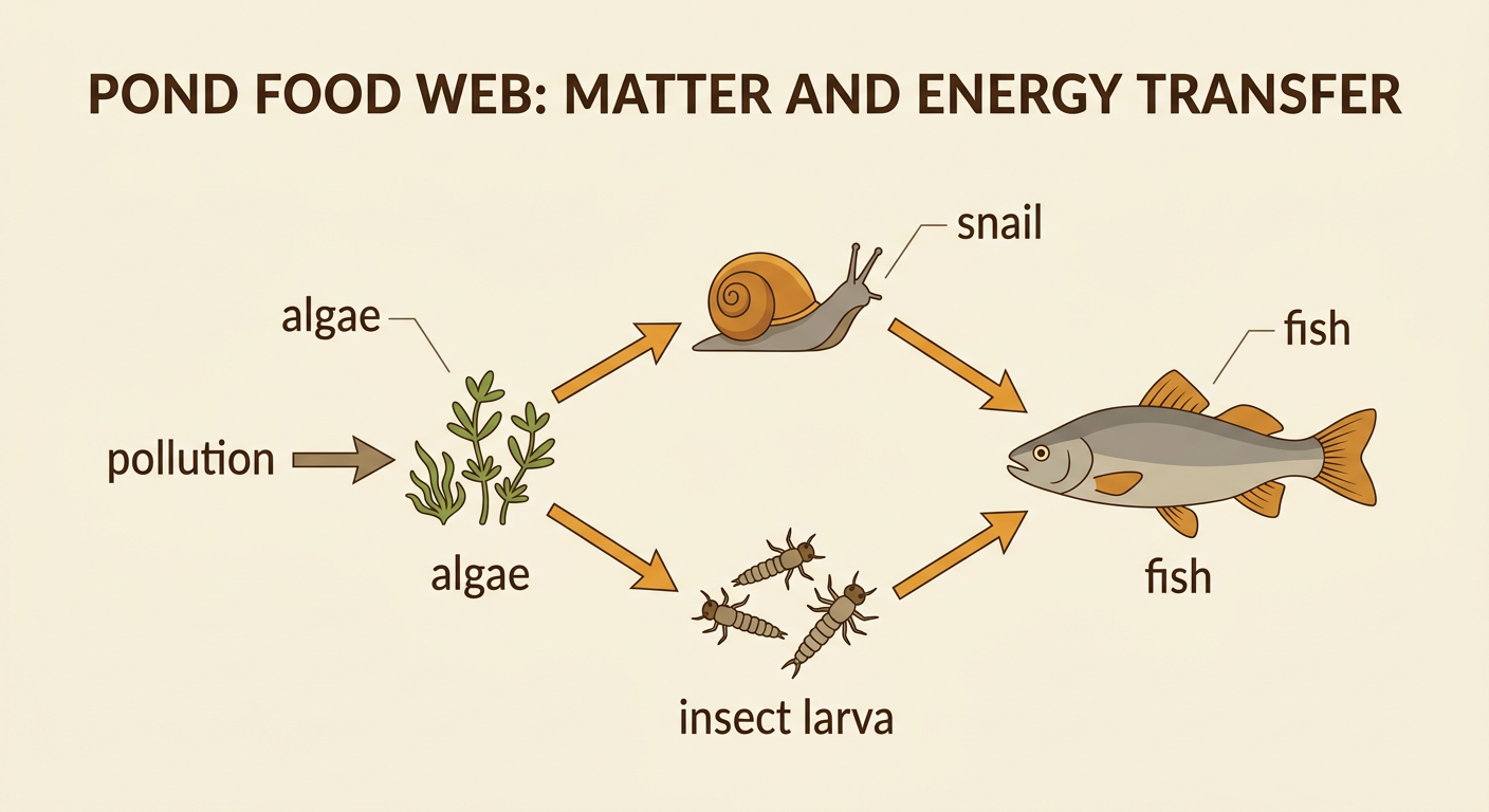 A pond food web shows pollution reducing algae and connected arrows among a snail, insect larva, and fish.