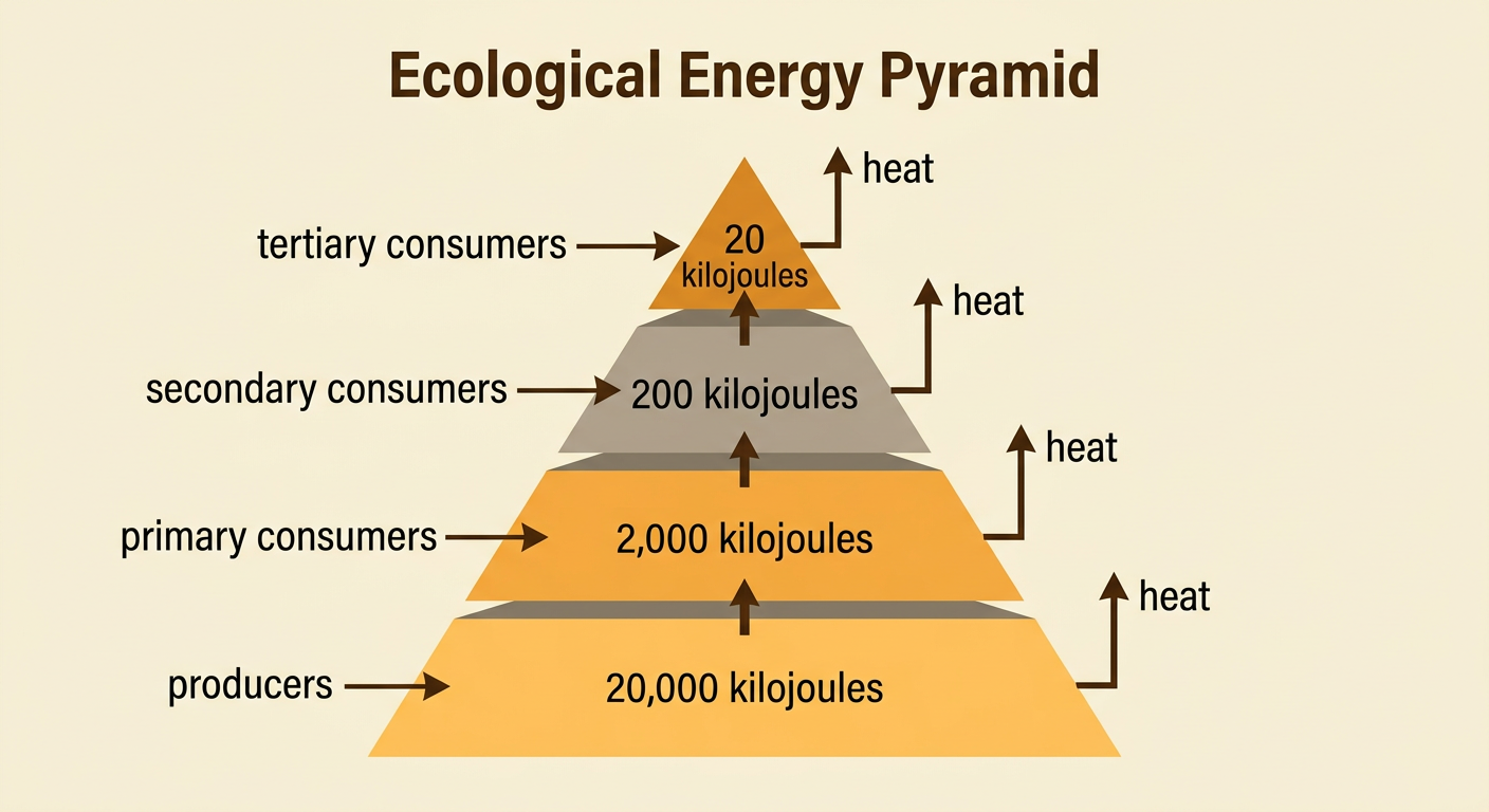 An energy pyramid displays decreasing kilojoules from producers at the base to tertiary consumers at the top, with heat leaving each level.