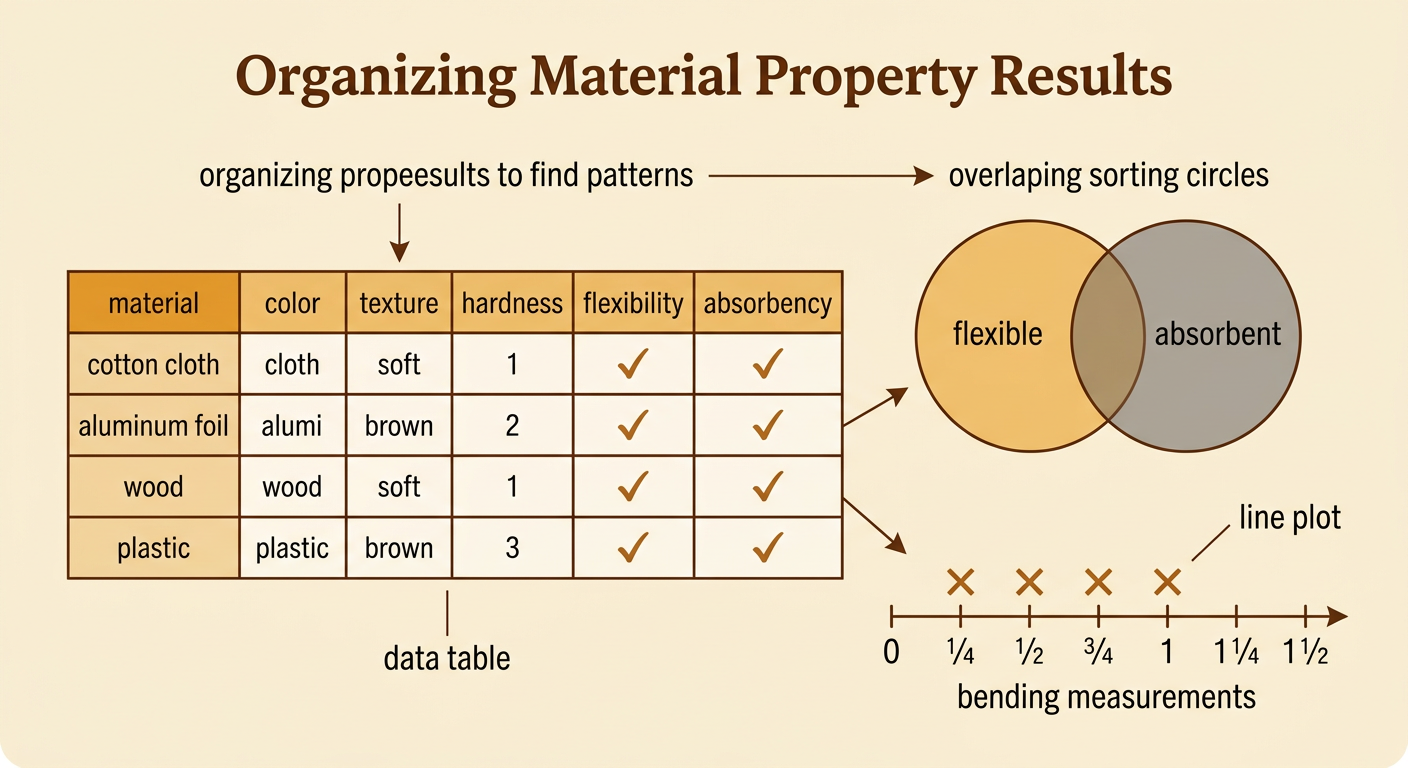 A worksheet shows a completed material data table, overlapping property groups, and a line plot of bending measurements.