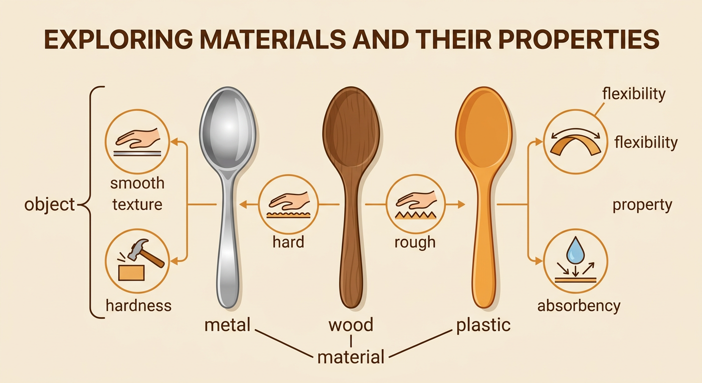 A spoon is shown as an object beside metal, wood, and plastic materials, with icons for five observable properties.