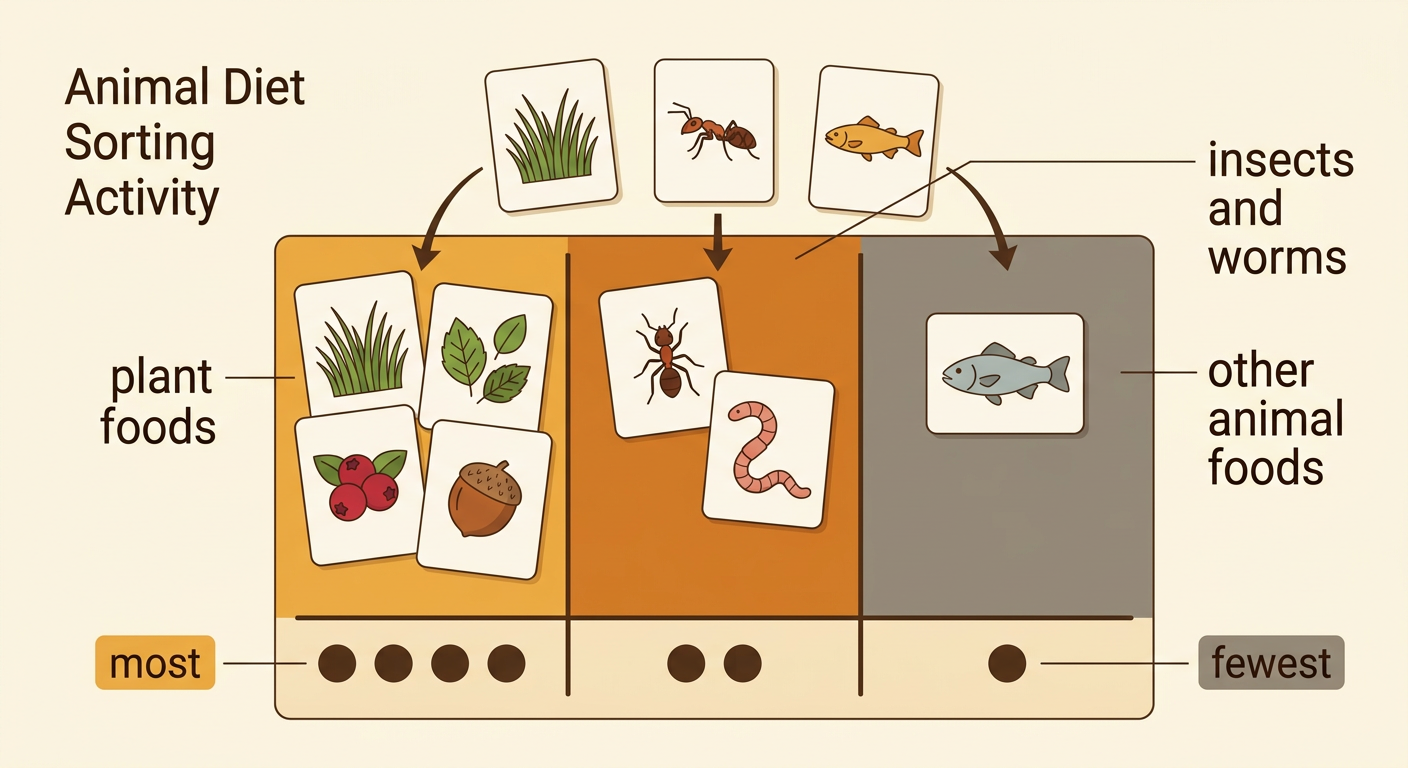 A sorting board shows four plant foods, two insects and worms, and one other animal food.