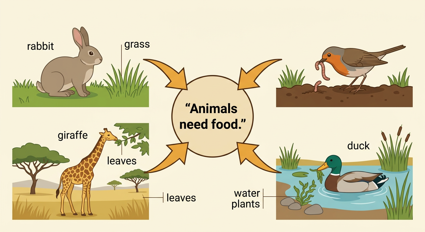 A diagram connects a rabbit to grass, a duck to water plants, and a giraffe to leaves.