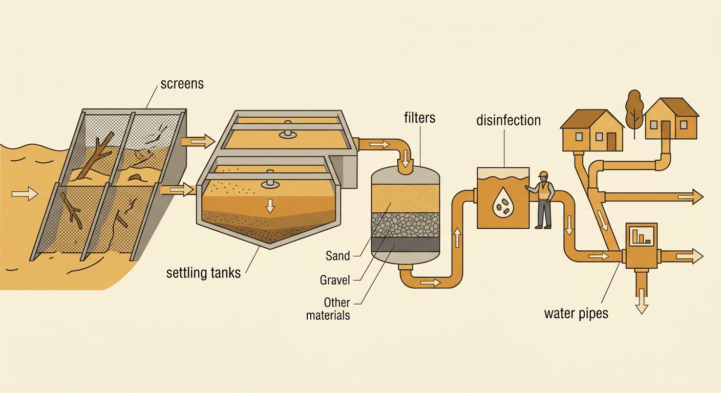 A community treatment plant diagram shows water moving through screens, settling tanks, filters, disinfection, and water pipes.