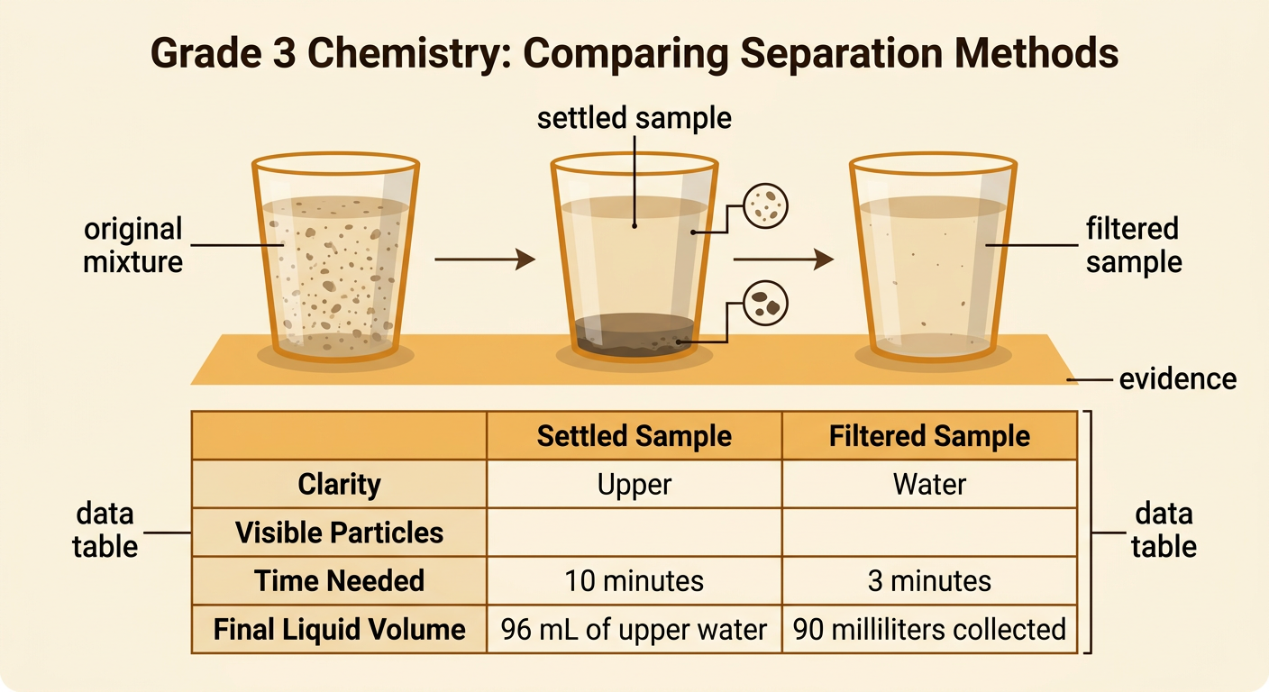 Three cups and a data table compare the original mixture, settled sample, and filtered sample.