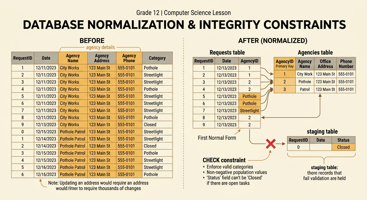 A before-and-after diagram contrasts repeated agency information with normalized tables and a review area for questionable rows.