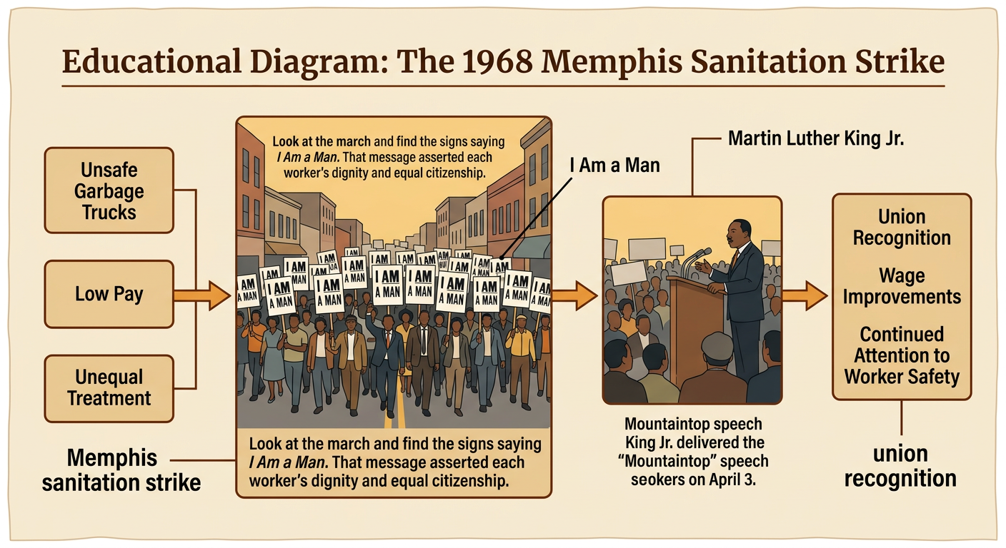 Black sanitation workers march through Memphis carrying dignity signs as supporters gather near a garbage truck.