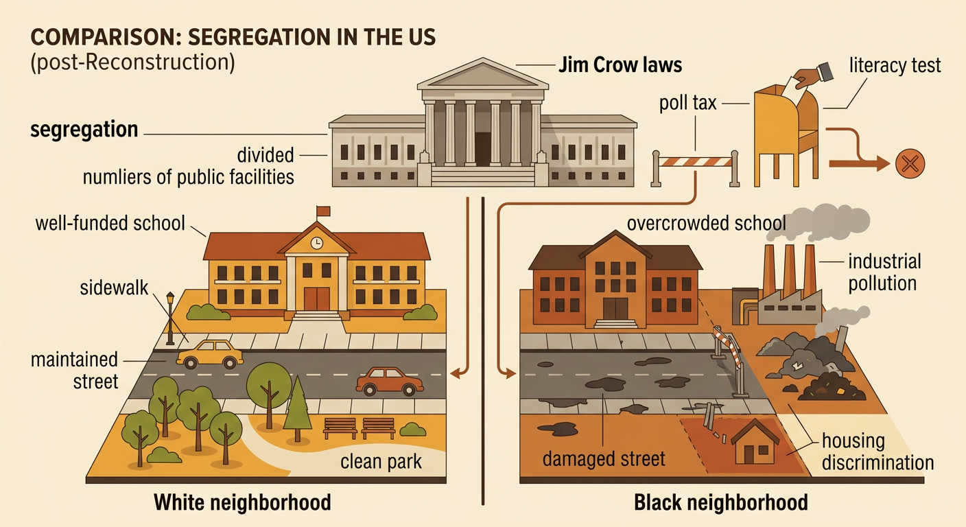 An illustrated segregated town shows divided public facilities, a blocked voting place, and Black homes located beside a factory.