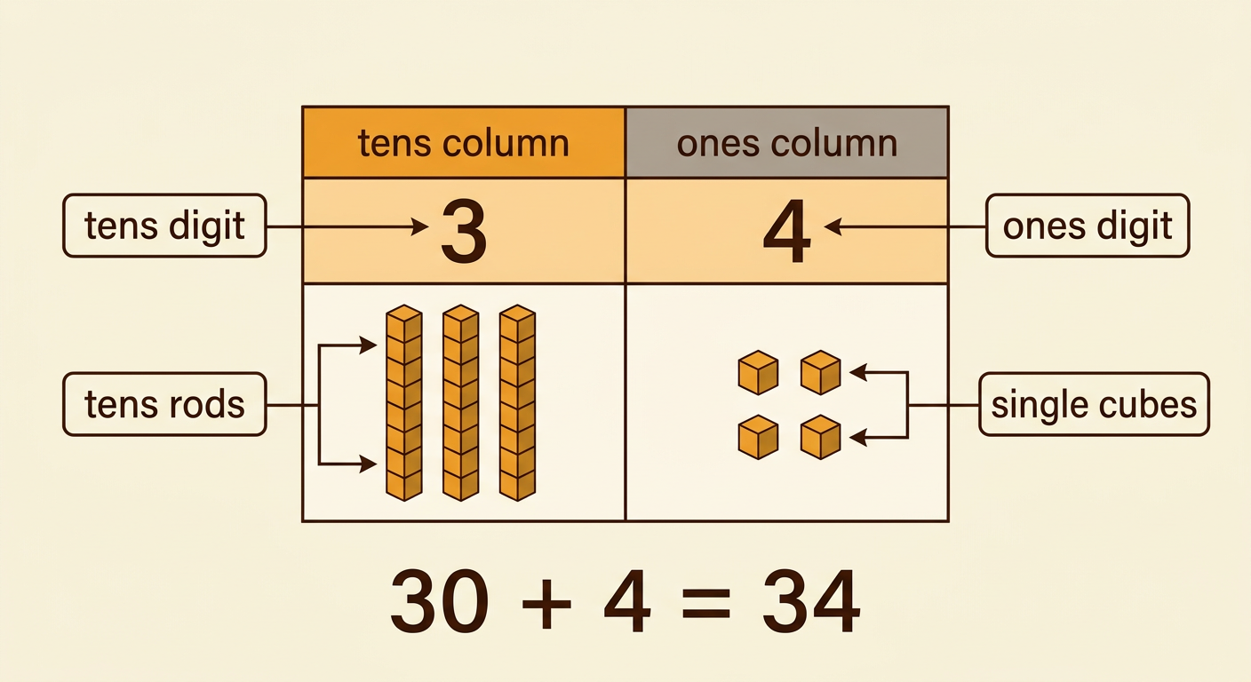 A place-value picture shows 34 and 27 built with groups of ten and individual cubes.