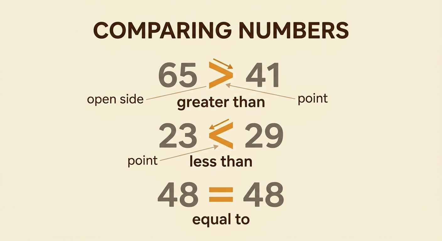 Three number sentences demonstrate the greater-than, less-than, and equal signs with arrows identifying each side.