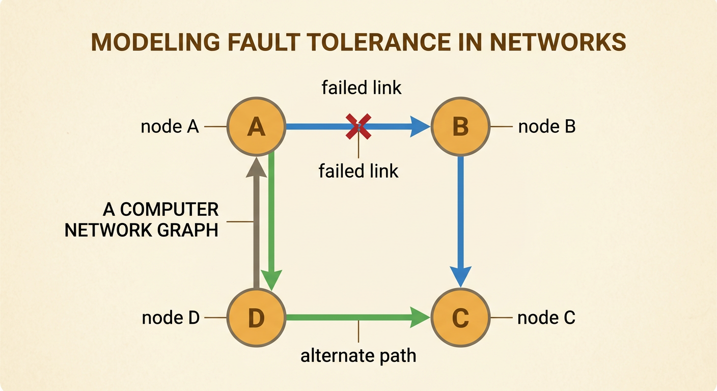 A square network shows four labeled nodes, one failed connection, and a highlighted alternate route from A to C.