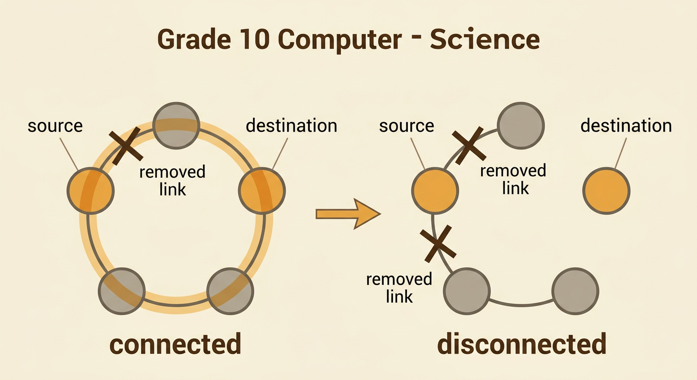 A network-testing worksheet shows a source, a destination, a crossed-out link, and connected versus disconnected outcomes.
