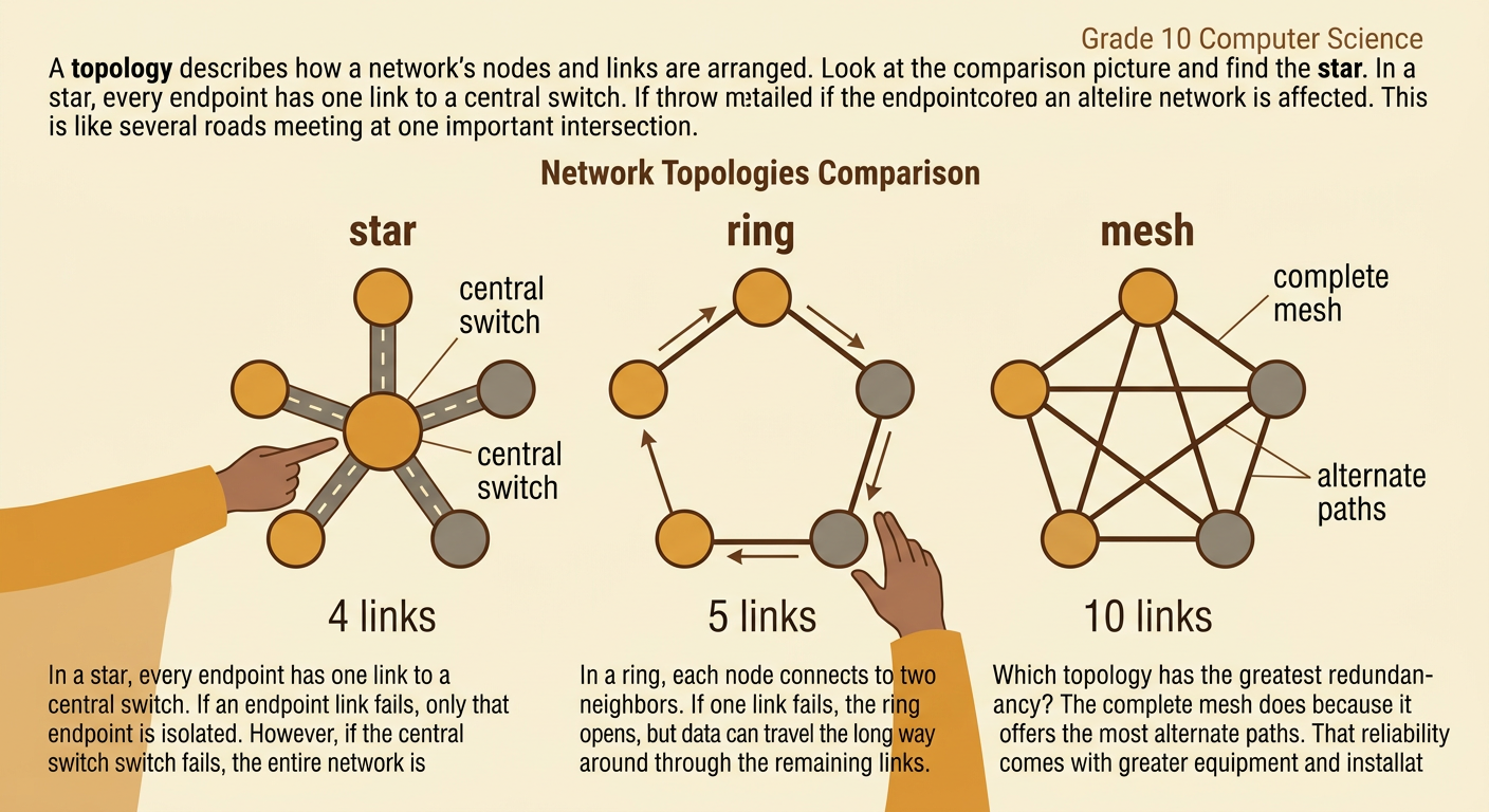 One comparison graphic shows five-node star, ring, and complete mesh networks with their link arrangements.
