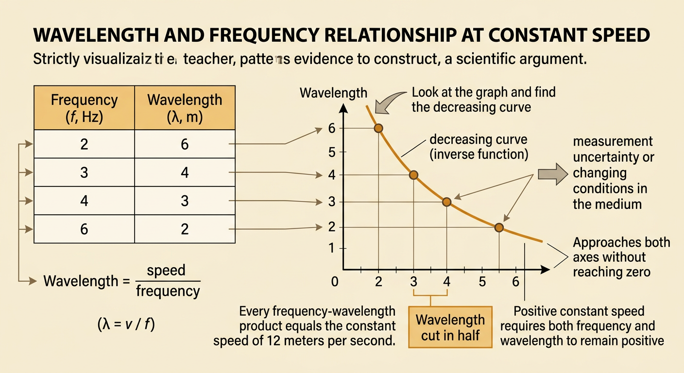 A data table and decreasing curve show wavelength falling as frequency rises while their product remains constant.