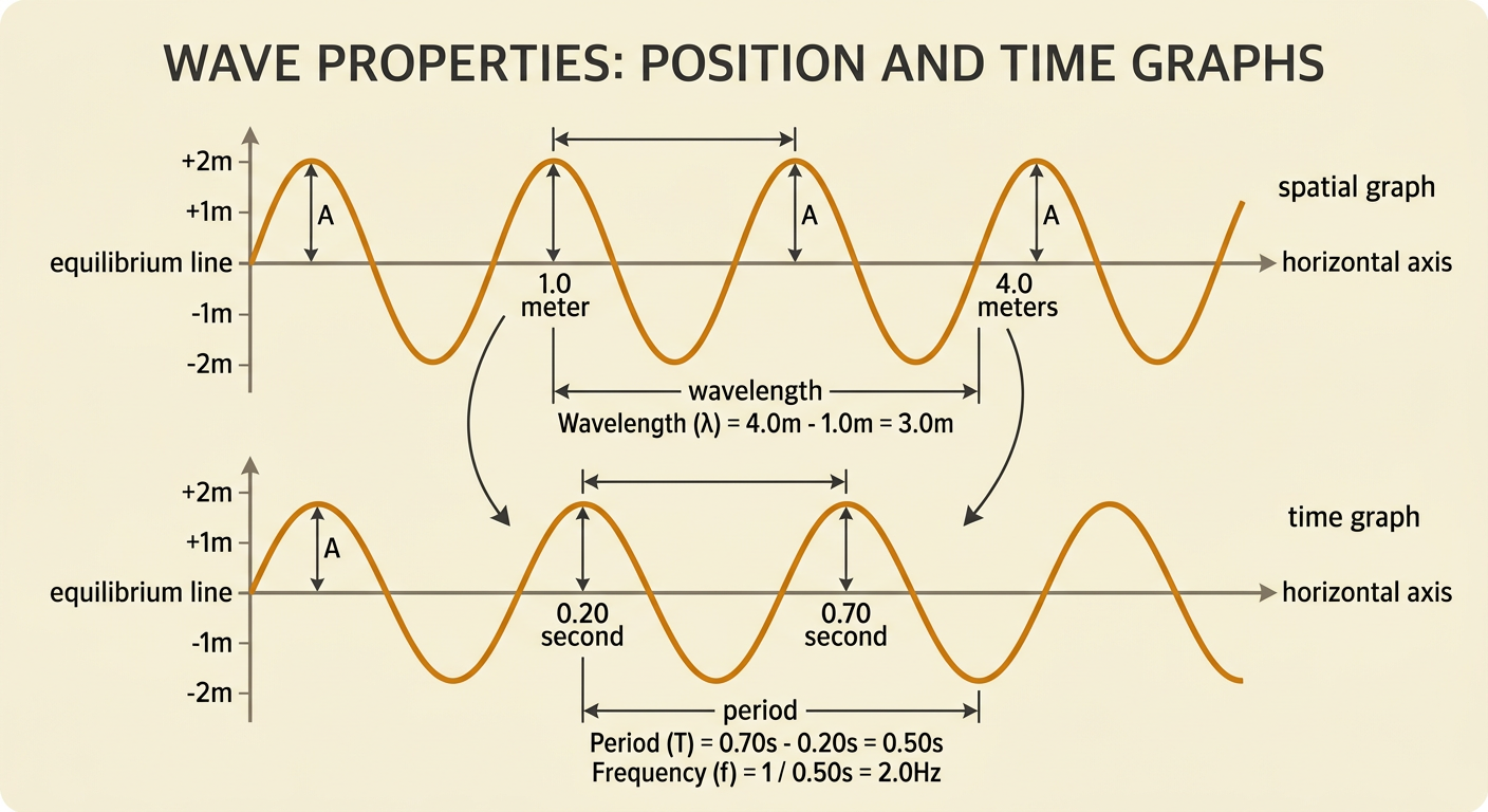 Side-by-side spatial and time graphs show how crest spacing represents wavelength on one graph and period on the other.
