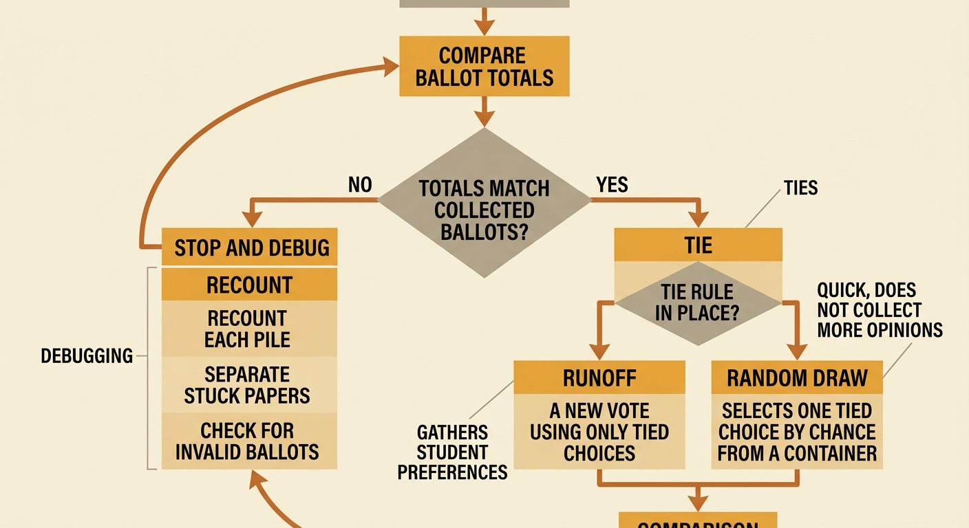 A debugging flowchart shows mismatched totals leading to a recount and a tie leading to two approved options.