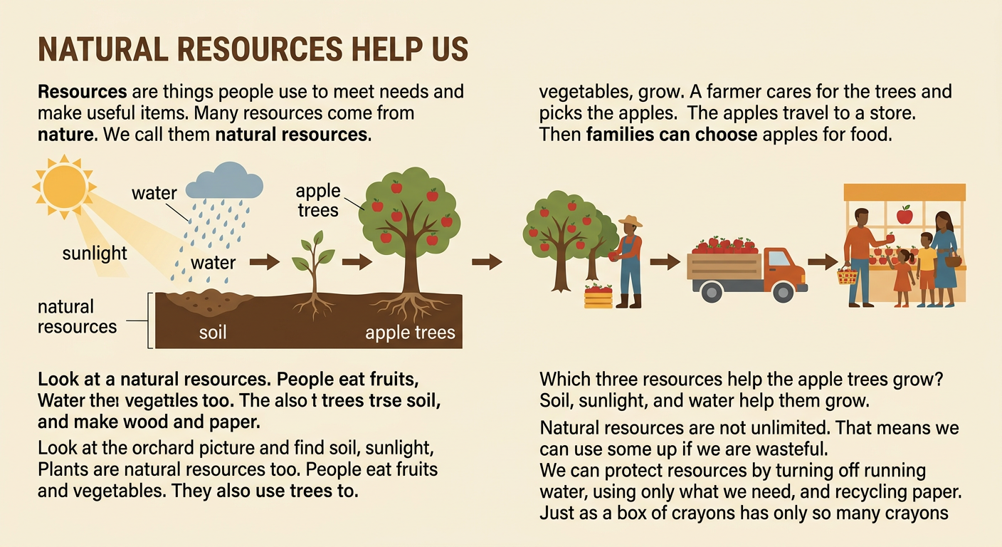 An apple orchard shows trees growing with soil, sunshine, and water before apples go to families.