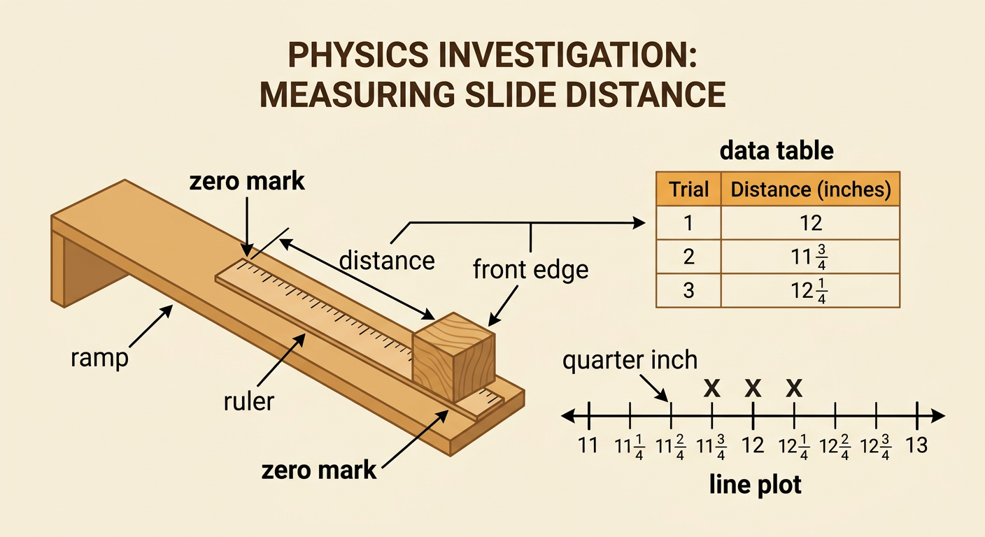 A ruler measures from the ramp to a block's front edge while the results appear in a data table and line plot.