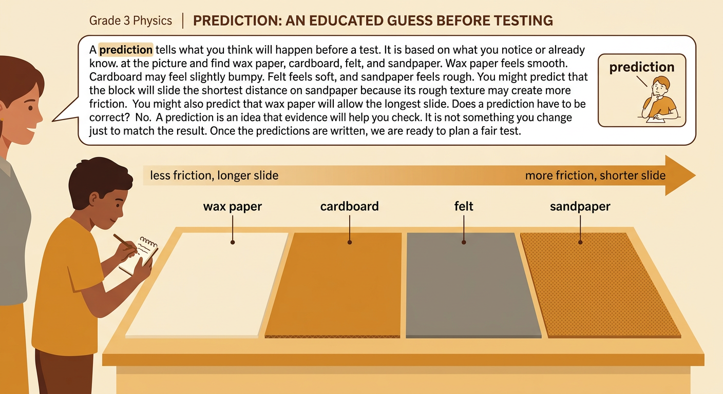 A hand compares the textures of four surface strips before predicting how far a toy block will slide.