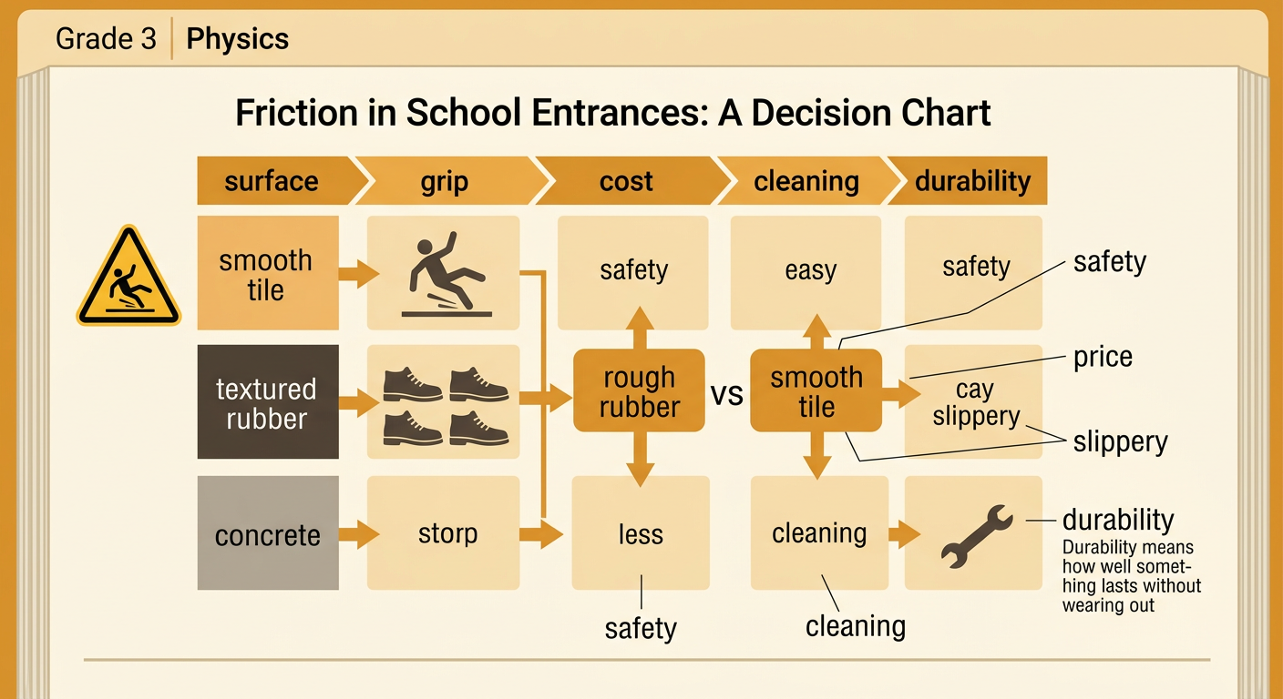 Two school entrance floors show how rough rubber and smooth tile differ in safety, cost, cleaning, and durability.