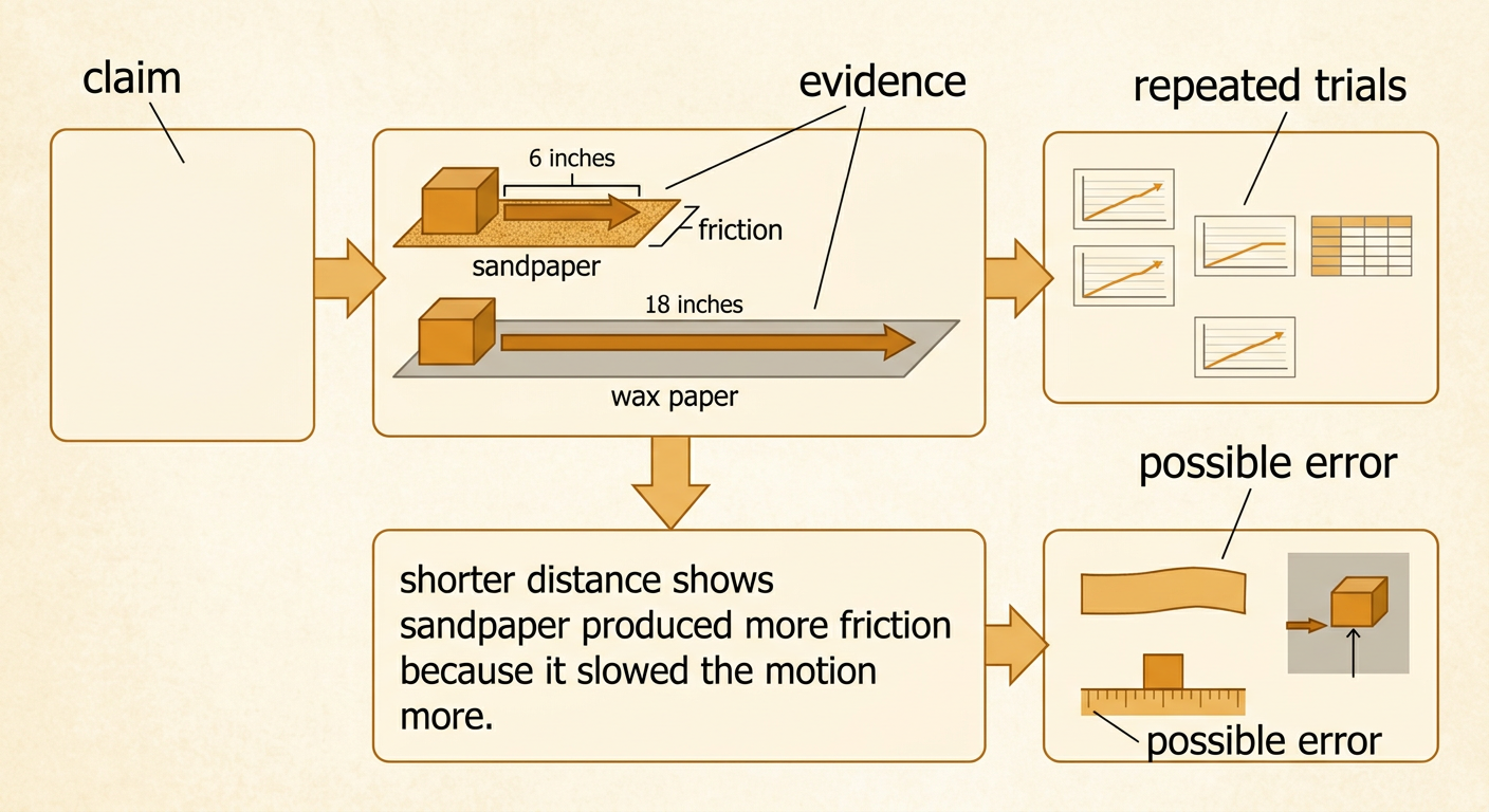 A student explanation connects a friction claim to measurements from repeated block-sliding trials.