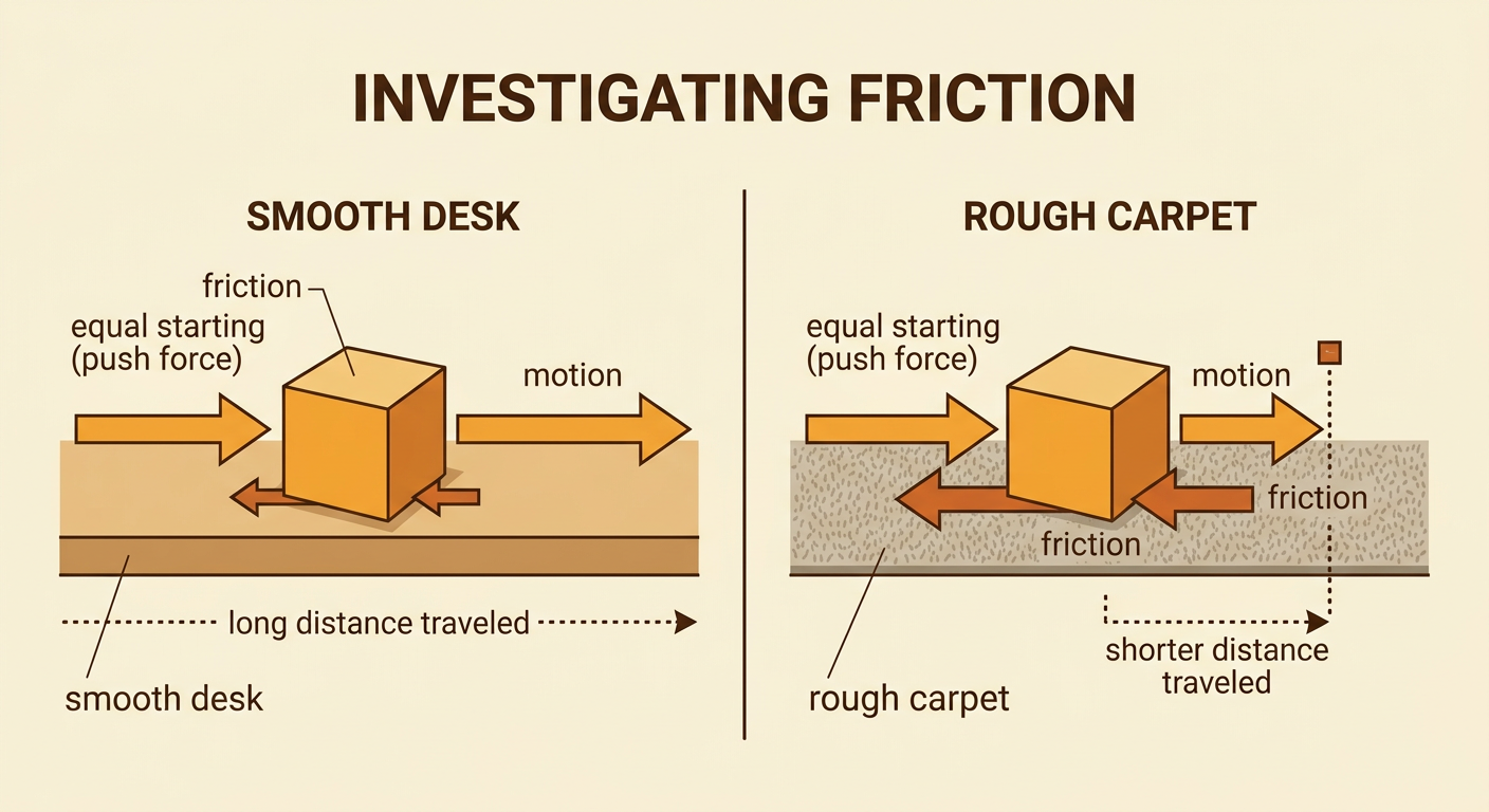 A toy block slides far on a smooth desk but stops quickly on a rough carpet as friction acts against its motion.