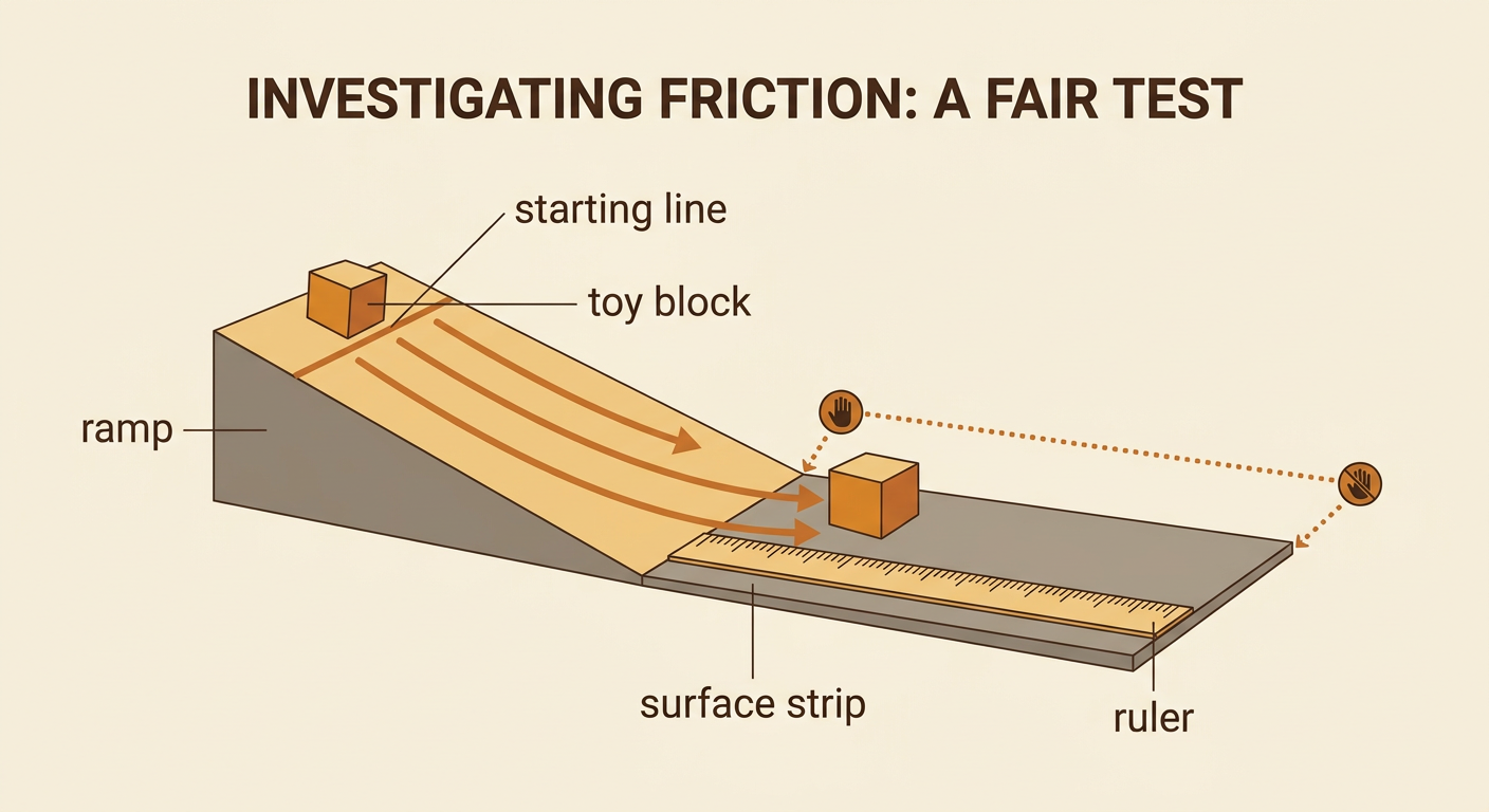 A toy block starts from a marked line on a ramp and slides onto a surface strip beside a ruler.